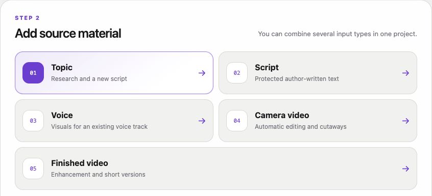 Экран выбора темы, сценария, голоса и видео в white-studio.io
